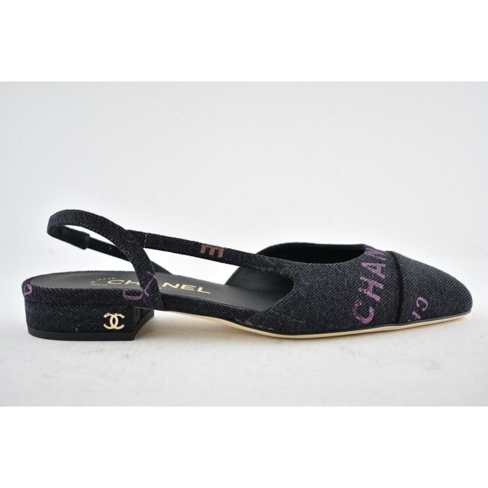 Chanel 22P Mademoiselle Coco Sling Black Grey Denim Slingback Ballet Flat 37.5